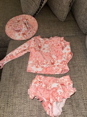 SHEIN Coral and Orange Floral Two-Piece Swim Set with Sun Hat